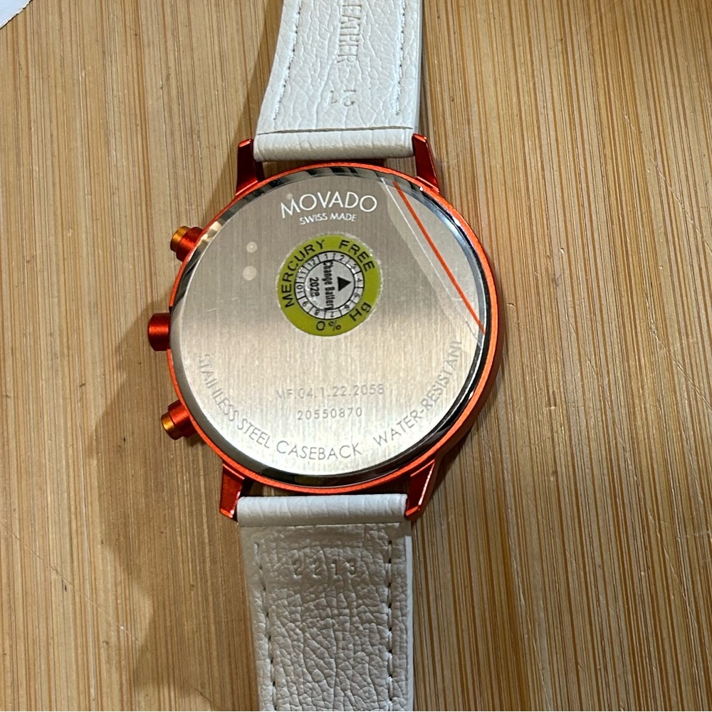 Movado FACE Watch With 43mm Orange Red Tone Chronograph Face &Cream Leather Band - Picture 5 of 9